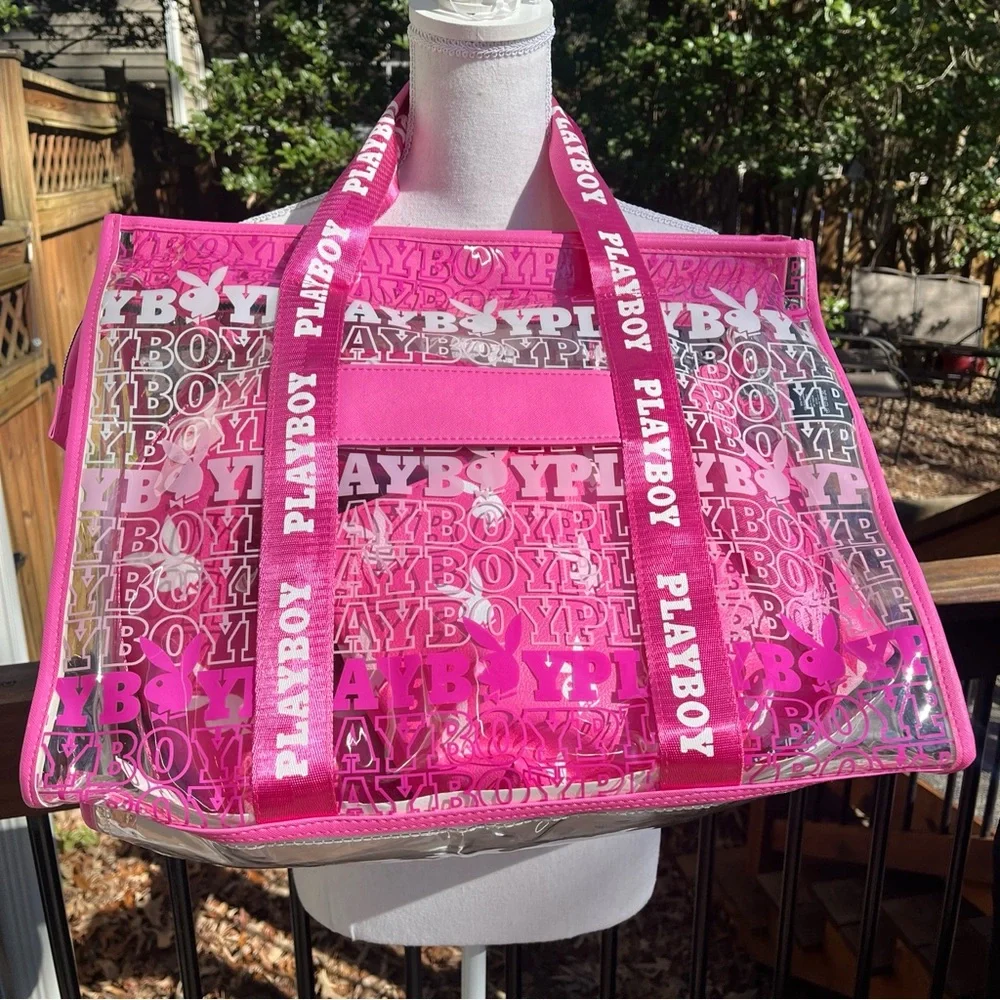 Playboy Travel Tote PINK Signature Logo Clear Thick PVC Vinyl 4 Piece Set NWT - Picture 7 of 14